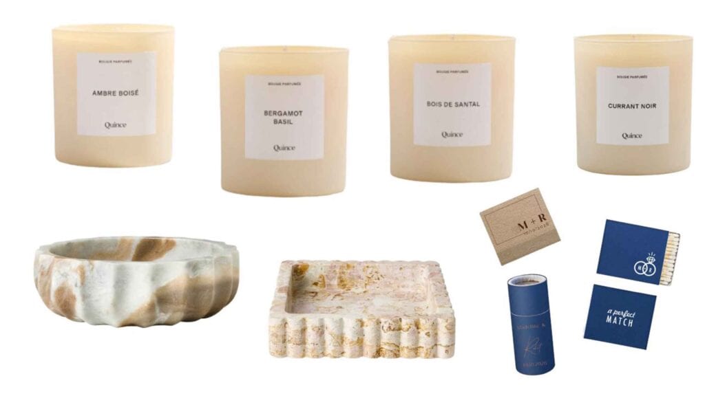 Candles, trays, matchbooks.