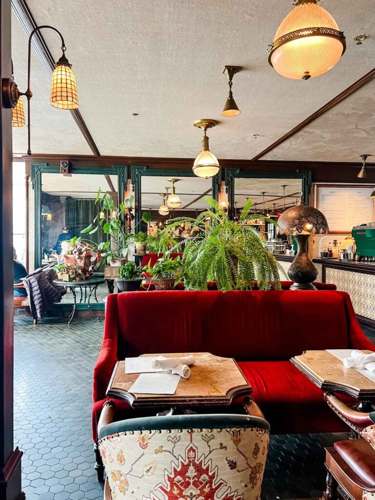 Floral vintage chair, red velvet sofa, small dining tables, vintage lighting, plant in a cafe.