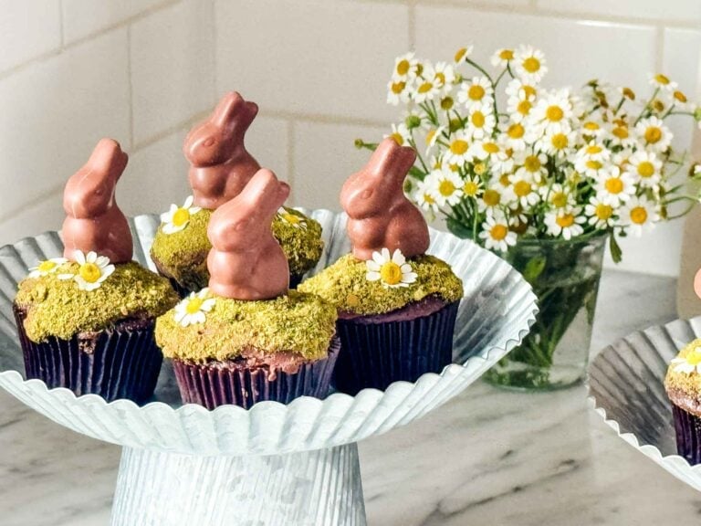 Chocolate Cupcakes with Matcha “Moss” and Little Chocolate Bunnies