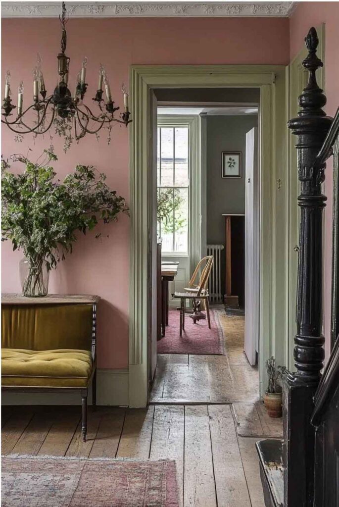Pink walls, green trim around doorway, chandelier and a large bouquet of wild flowers.