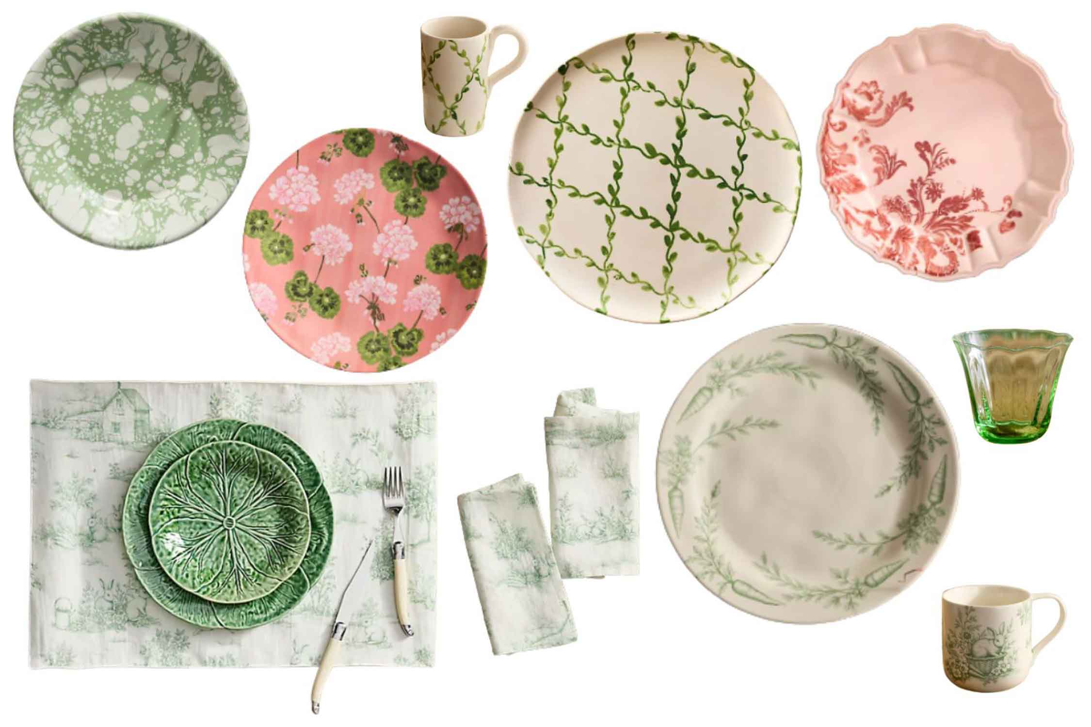Various pink and green glassware, plates, mugs, napkisn and placemats.