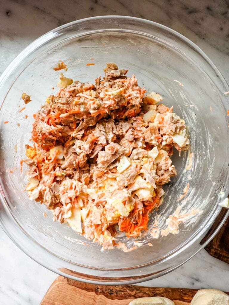 All the ingredients are mixed and ready for making California tuna sandwiches.