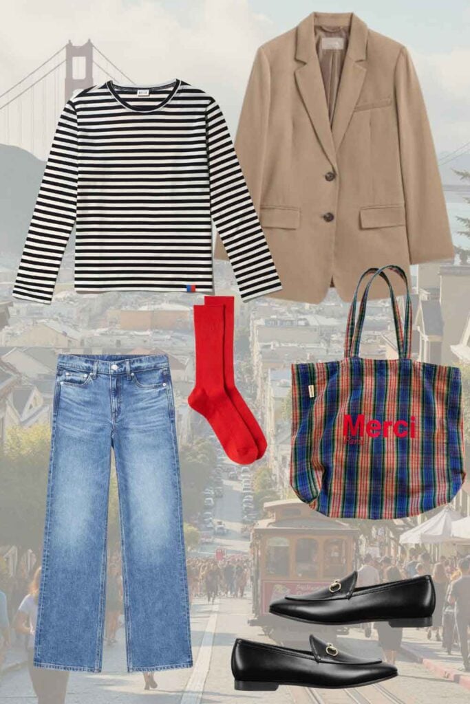 Stripe tee, mac trench, jeans, red socks, blazer, Merci tote.