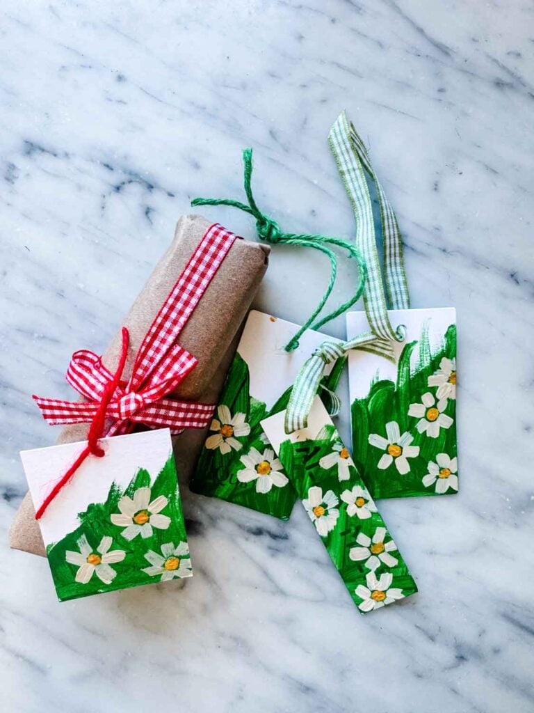 Smnall kraft wrap package with daisy painted tags and red and whote gingham ribbon.