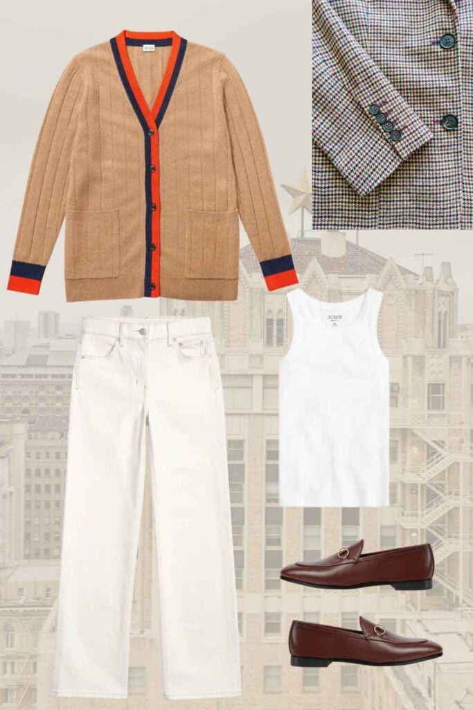 Cardigan sweater, white jeans, Gucci loafers, white tank. 