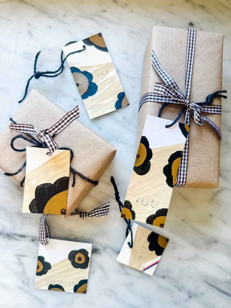 Marimekko pattern painted on tags for gift wrap.