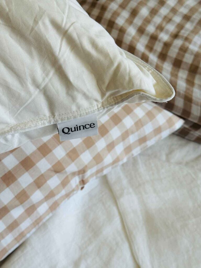 Quince pillow with tag and gingham pillows.