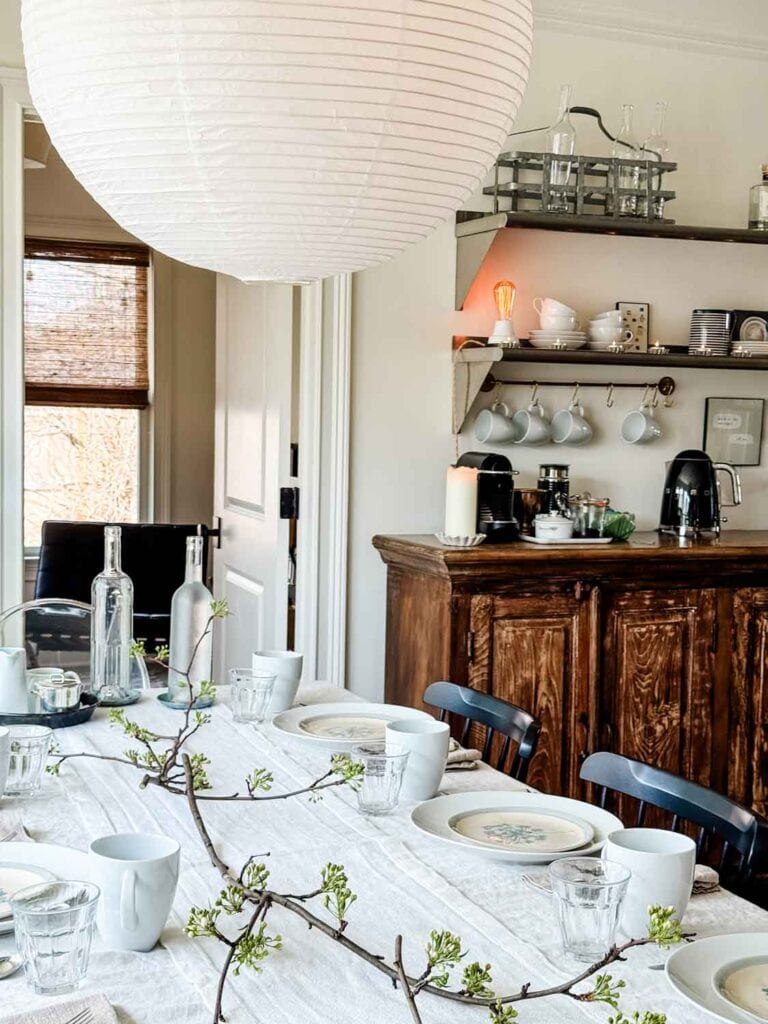 A spring brunch table is set and ready to welcome guests.