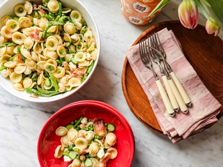 Pea & Asparagus Pasta Salad with Crispy Prosciutto