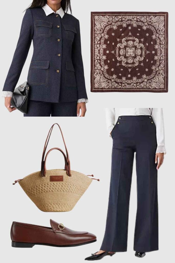 Graphic with suit, brown bandana, basket bag, loafer.