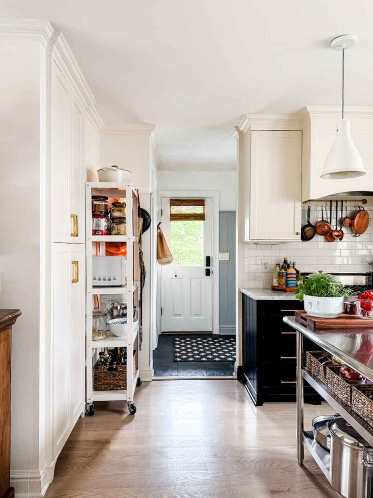 Back door, kitchen, tall rooling rack with kitchen items.
