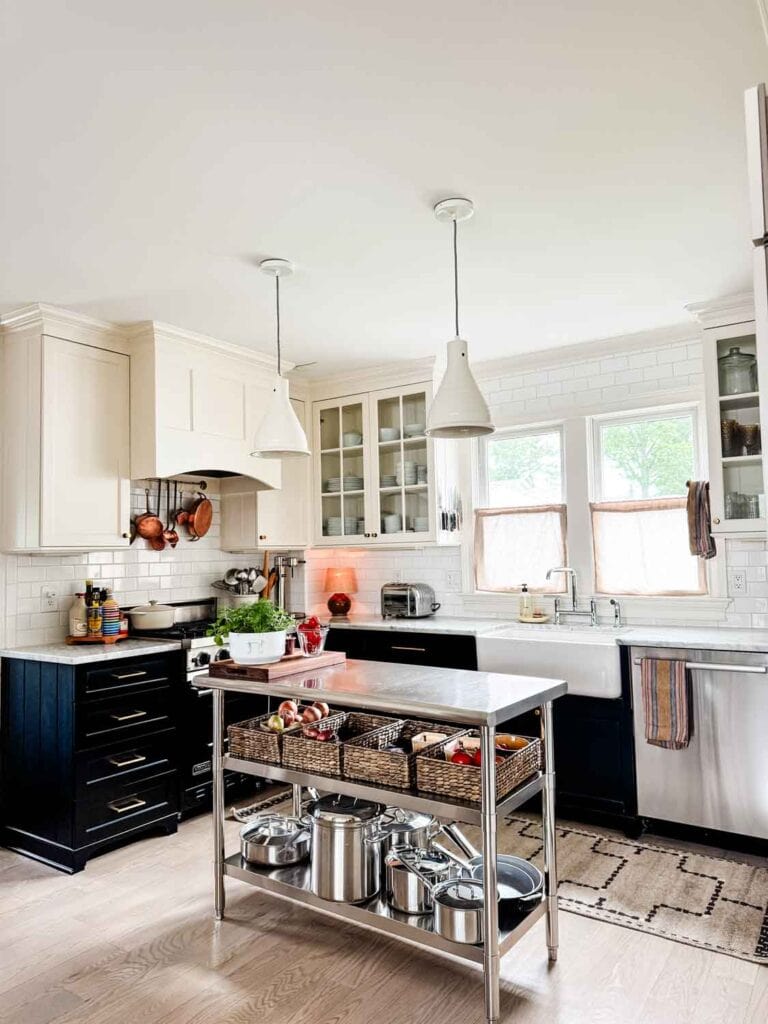 Kitchen with stainless steel island. 