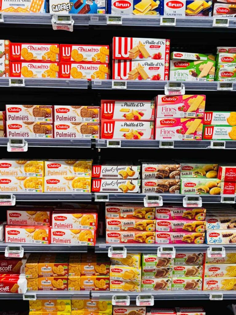 French cookies or biscuits that you can't find in the United States are plentiful in the Supermarché in Grignan, France.