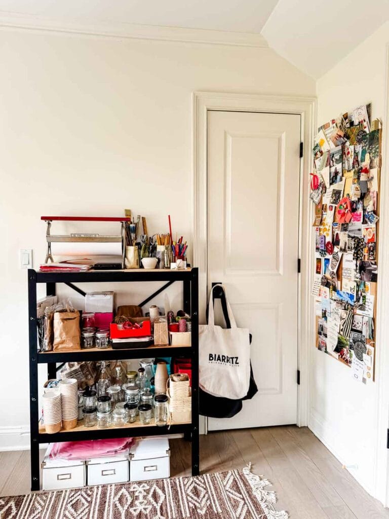 Ikea shelf, jars, inspiration board.