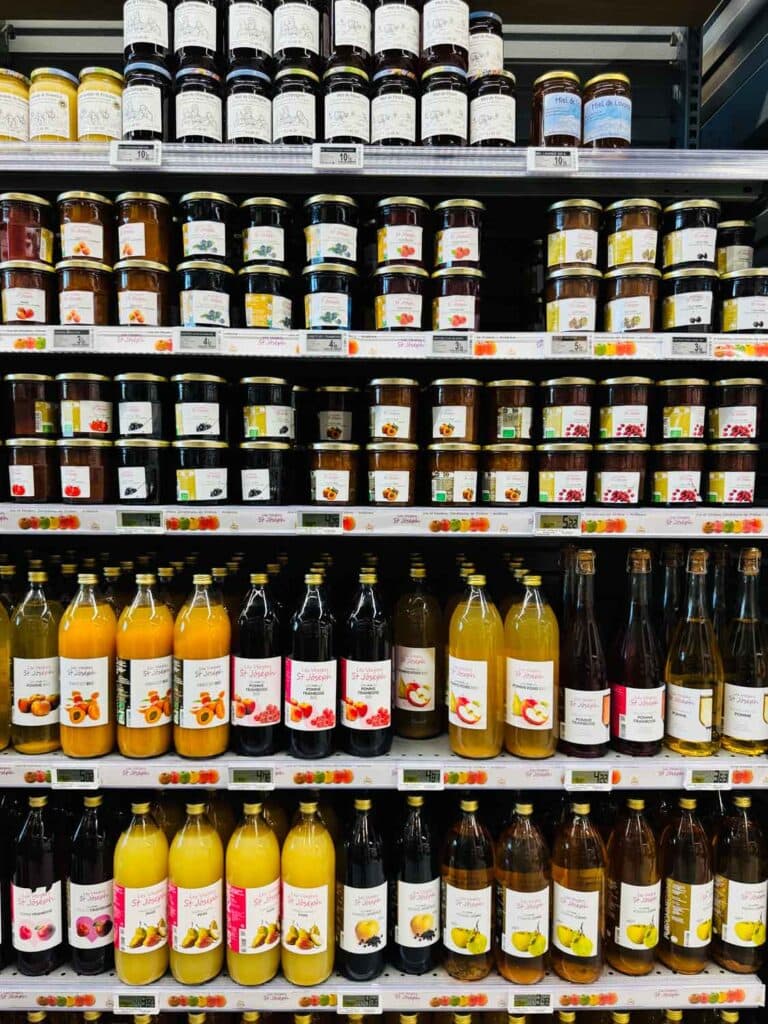 French jams, honey and juices take up an entire shelf in the supermarket.