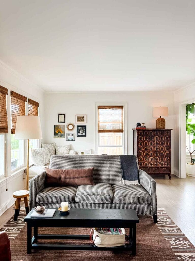 Houndstooth sofa, brown lumbar pillow, chest with lamp.