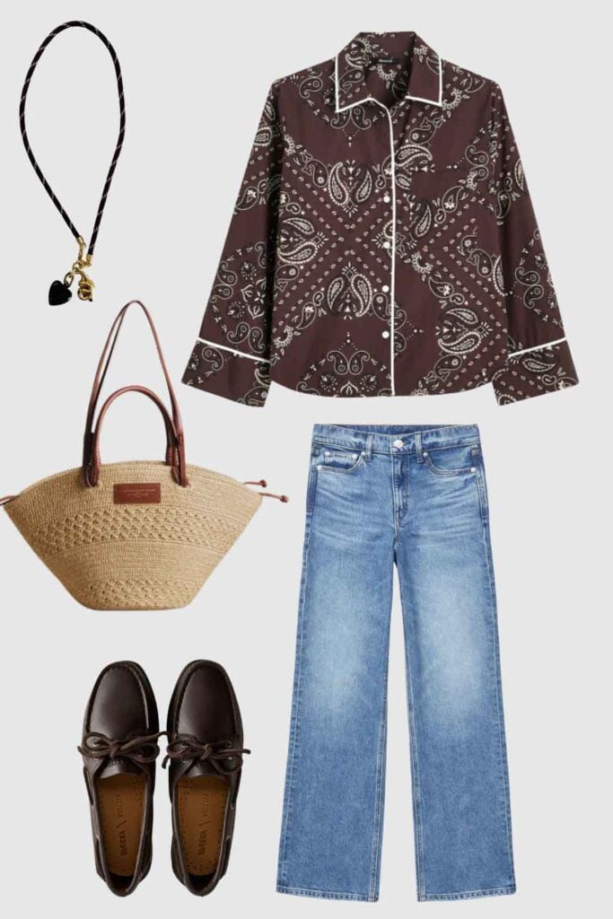 Brown bandana short, basket bag, necklace, jeans, shoes on graphic with light gray background. 