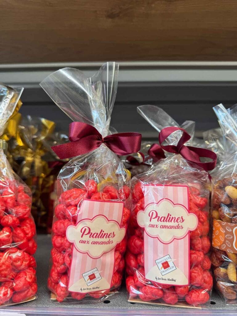 Pralines coated in red candy are a specialty in Lyon, France.