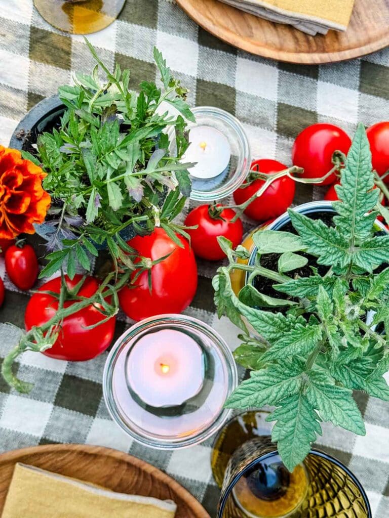 Small jar with votive, plants, tomatoes  on green checked tablecloth.