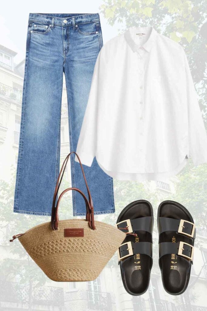 Graphic with jeans, white shirt, bag, Birkenstocks.