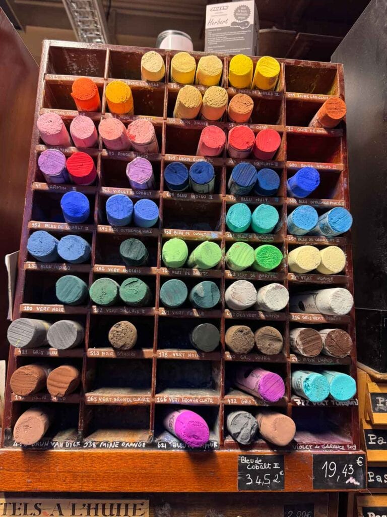 You can find almost every kind of art supply like these tubes of pastel paints in Sennelier art shop in Paris.