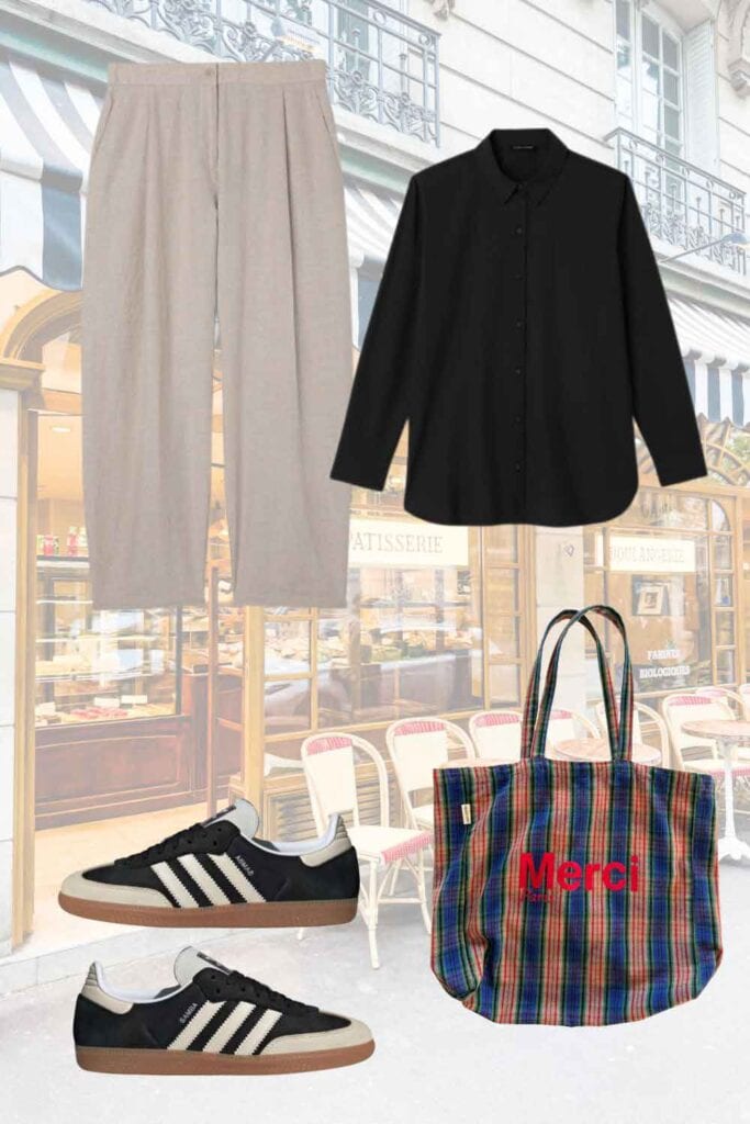 Graphic with black shirt, linen pants, tote bag, sambas.