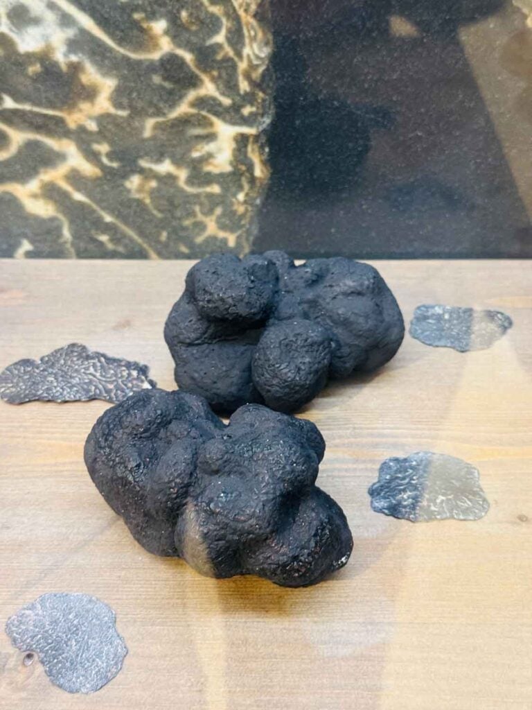 Replicas of what large truffles look like are on on this table display inside the truffle and wine museum in Richerenches, France.