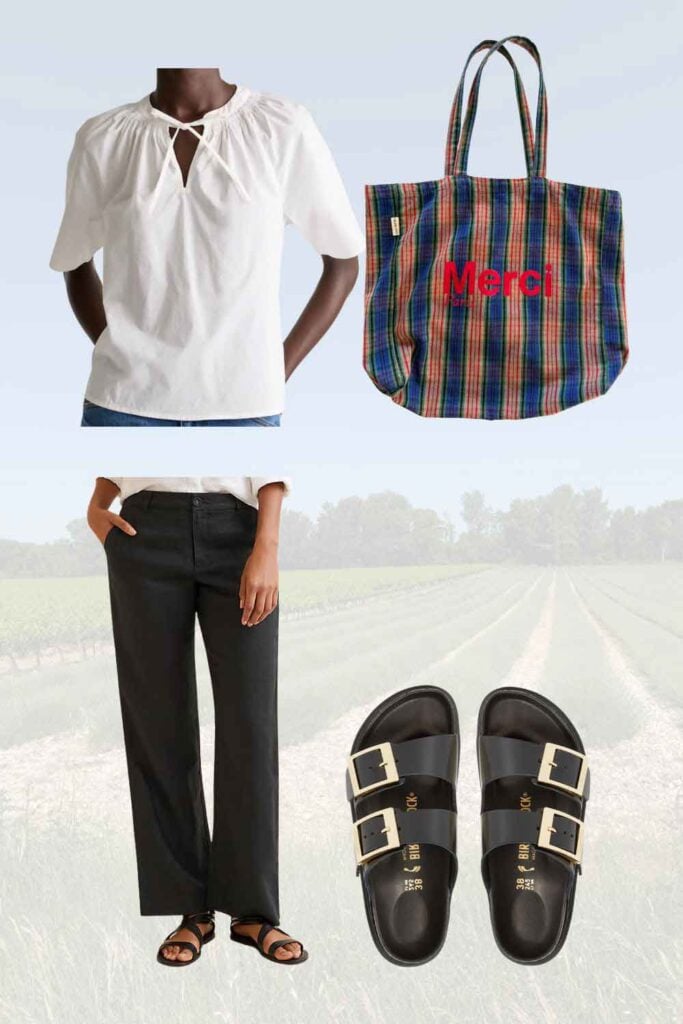 Raphic with Birkenstocks, pants,. tote, whote top.