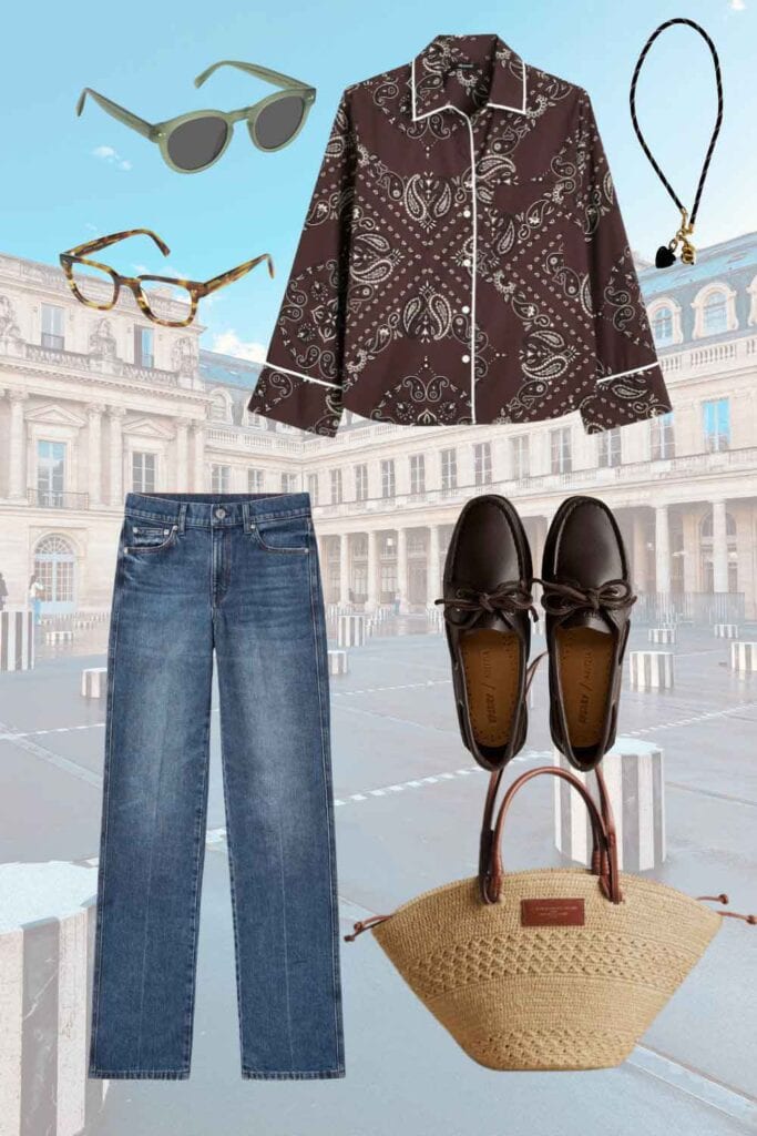 Graphic with brown patterned shirt, jeans, bag, boat shoes, glasses, sunglasses.
