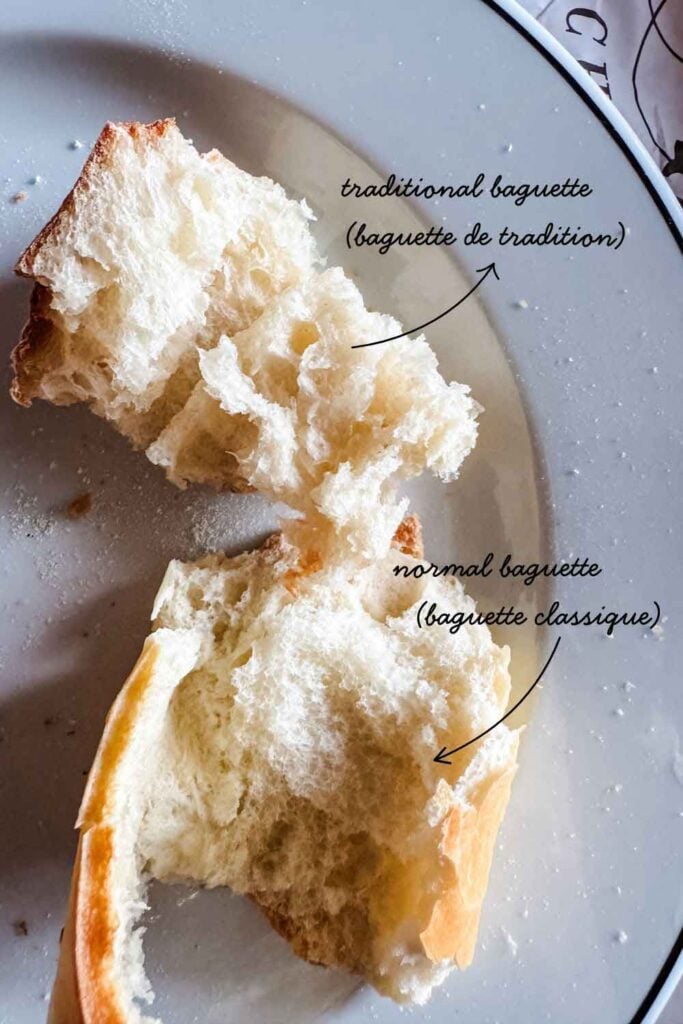 The inside dough of the two different baguettes is very distinct. One is light a full of holes and the other is more dense and smooth.
