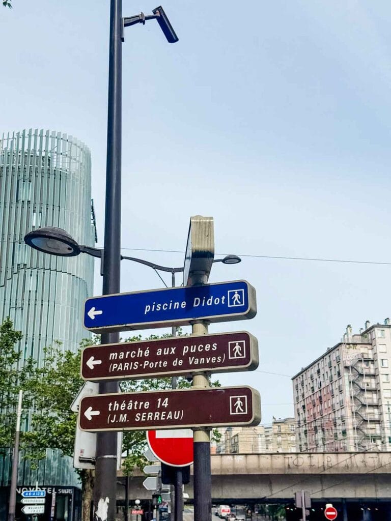 Street signs point in the direction of the Portes de Vanves Flea Market in Paris, France.