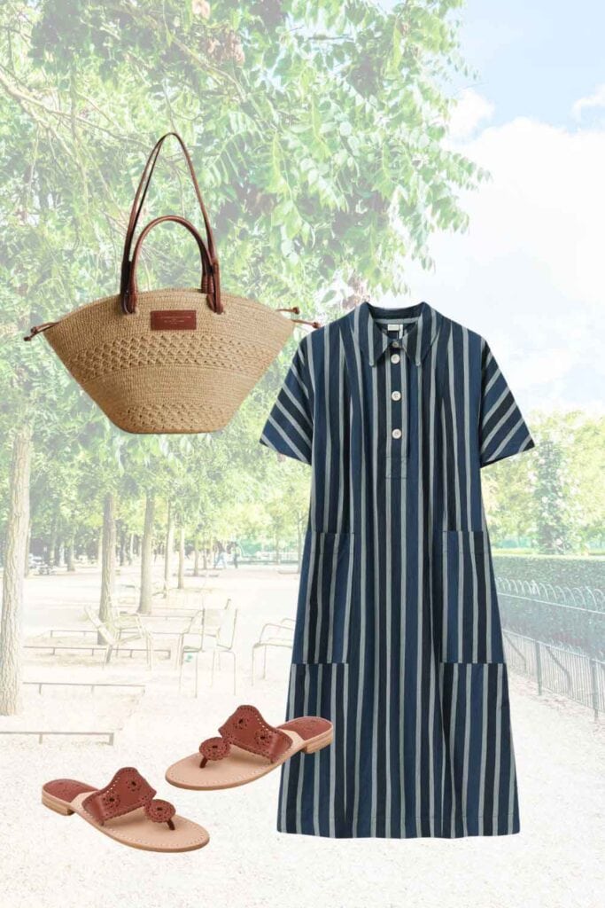 Stripe dress, bag, sandals.