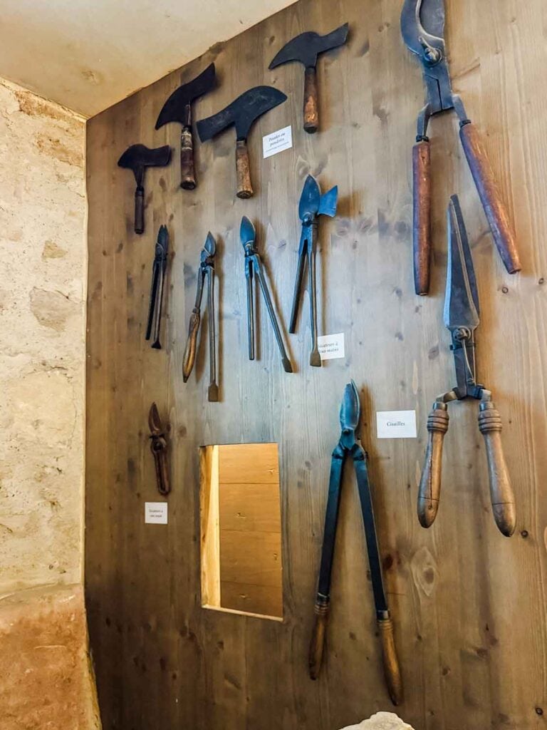 Various tools that are using for truffle hunting and harvesting are hanging on this display wall. 