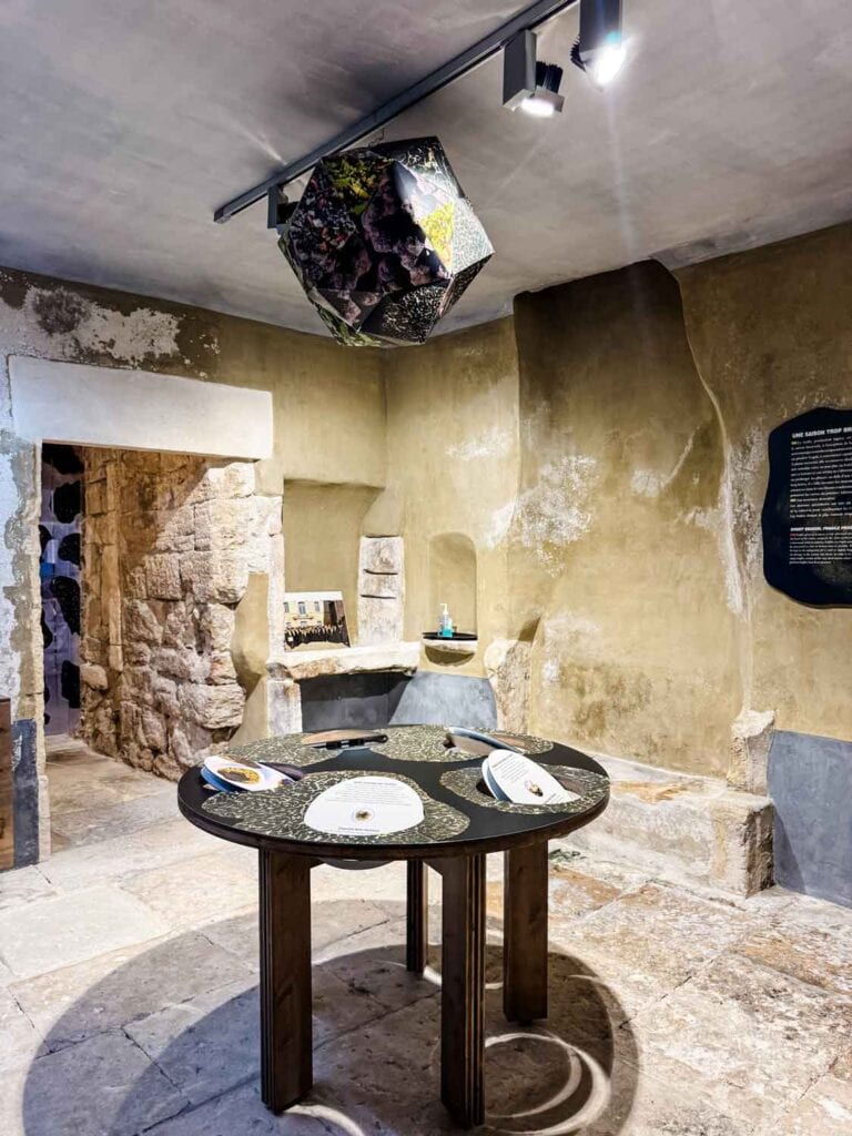 Replicas of truffles on display at the round table with a video projector overhead that talks about the history of truffles. 