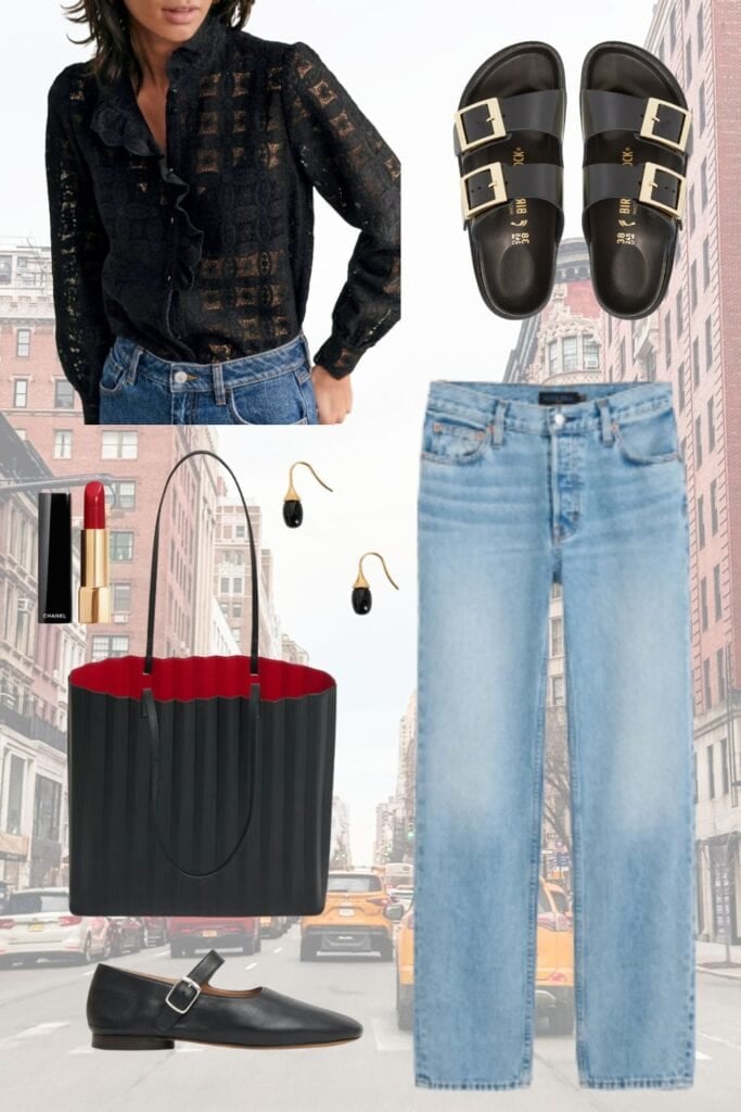 Grpahic with shirt from Sezane, birkenstocks, Mary Jane flats, red lipstick, jeans, Mansur Gavriel pleated tote.