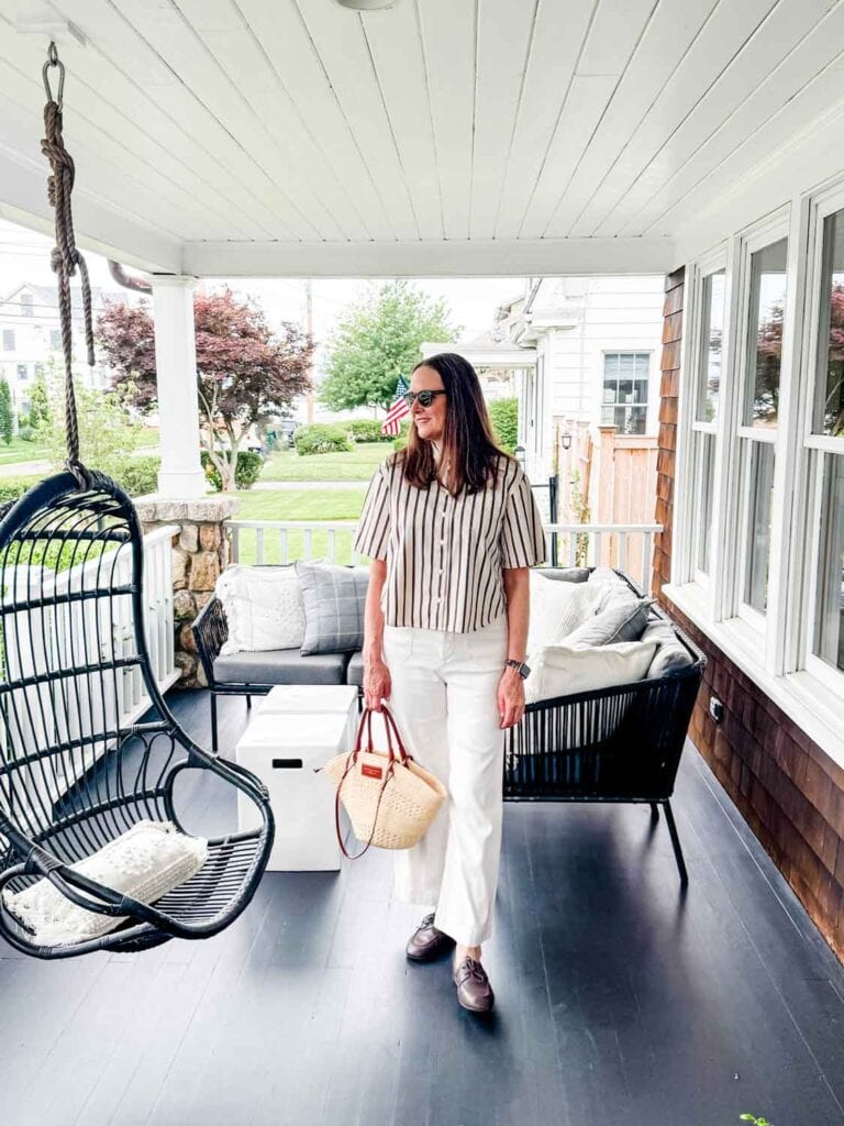 Annie Diamond wearing Madewell shirt. 