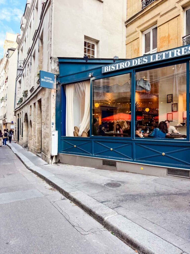 From the street, you can inside Bistro des Lettres on rue de Bièvre in the Latin Quarter of Paris.