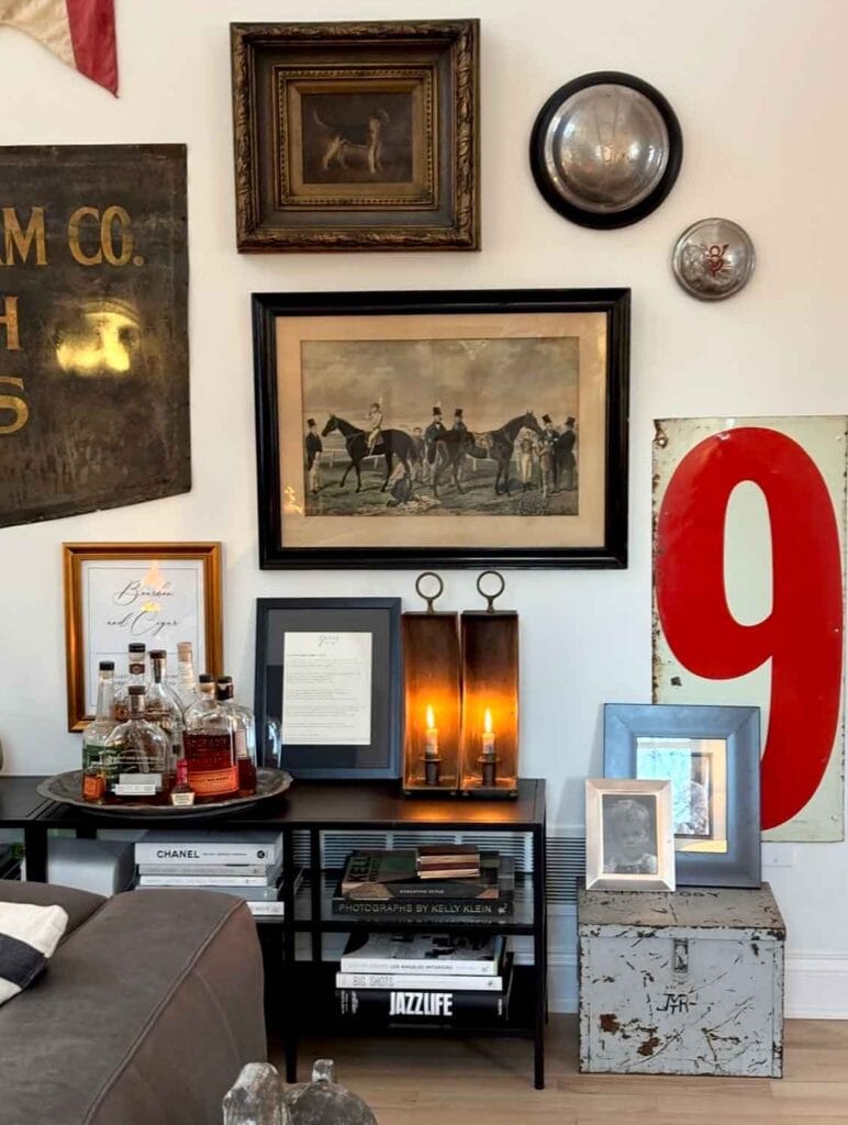 Eclectic gallery wall with number 9.
