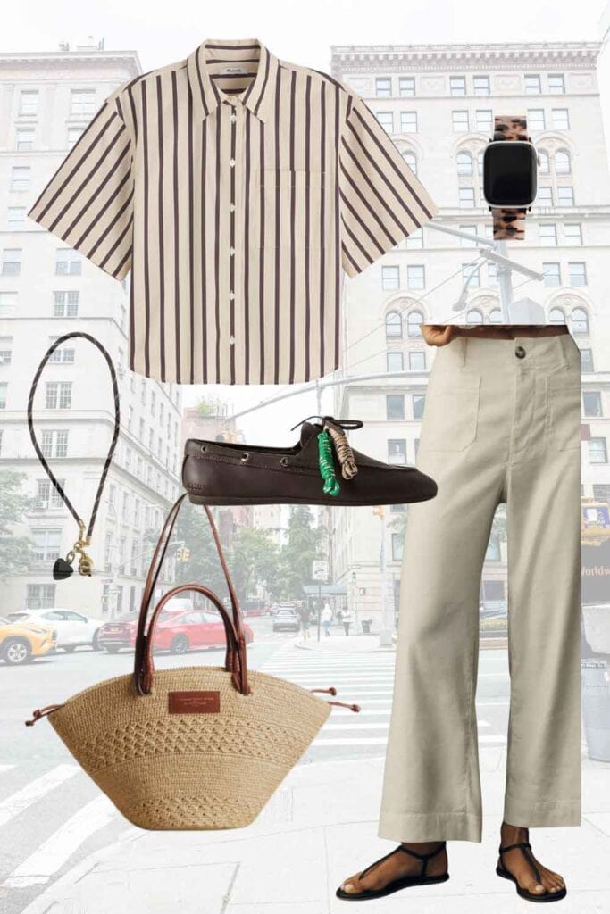 Graphic with pants, bag, necklace, watch, shirt.
