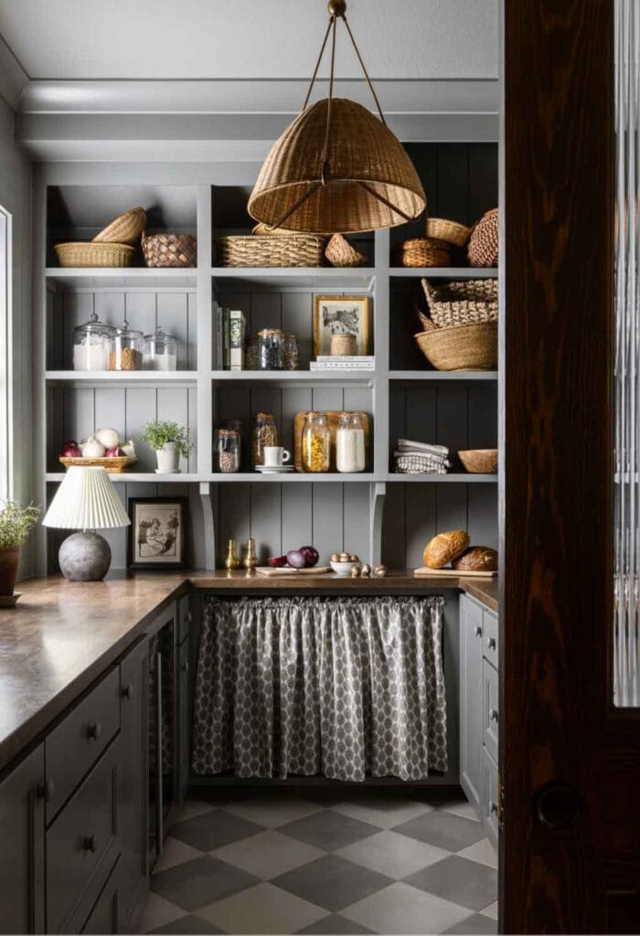 Cafe curtain in a pantry with open shelving.