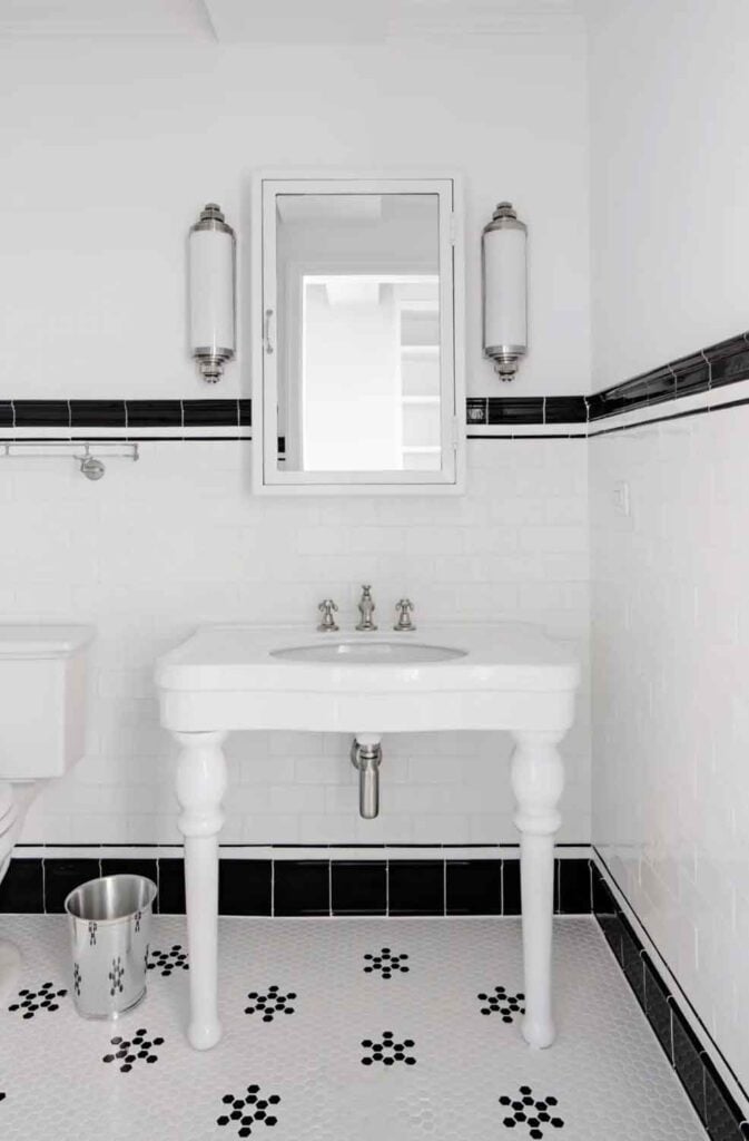 Black and whte bathroom with vintage pedestal sink.