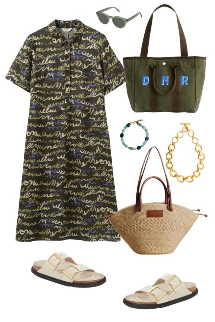 Shirt dress, Birkenstocks, basket bag, green tote with initials, green sungasses, jewelry.