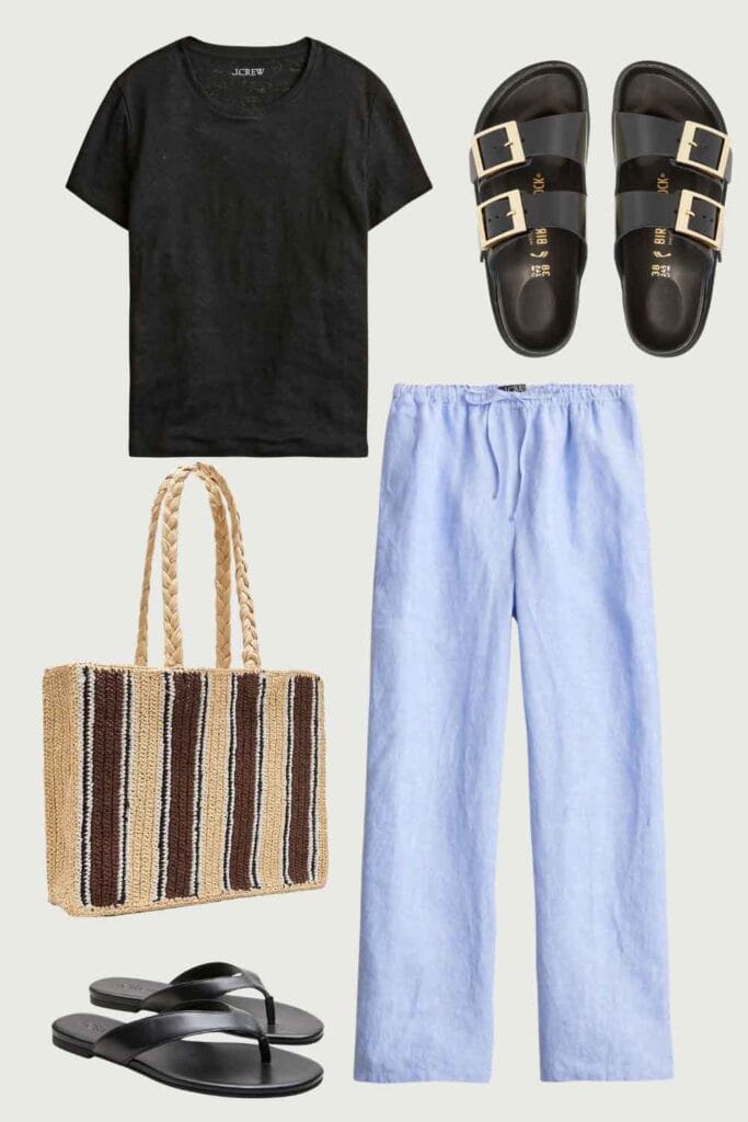 Blue chambray pants, black tee.