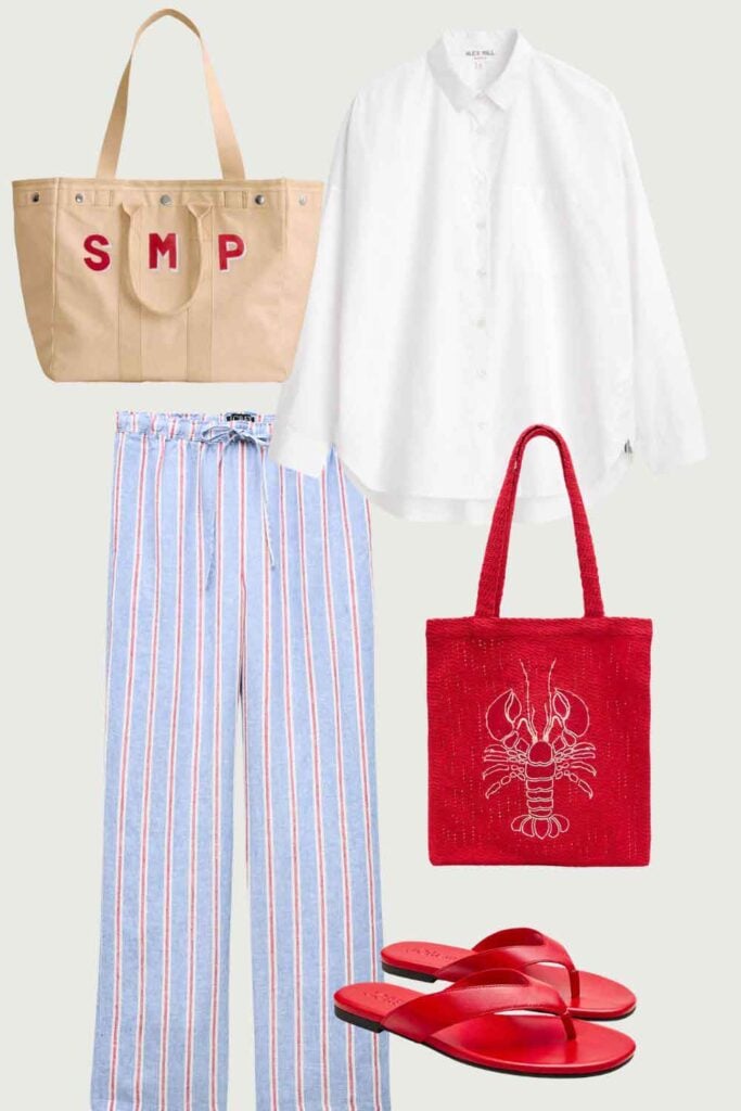 Stripe linen pants, toes, white shirt, red flip flops.