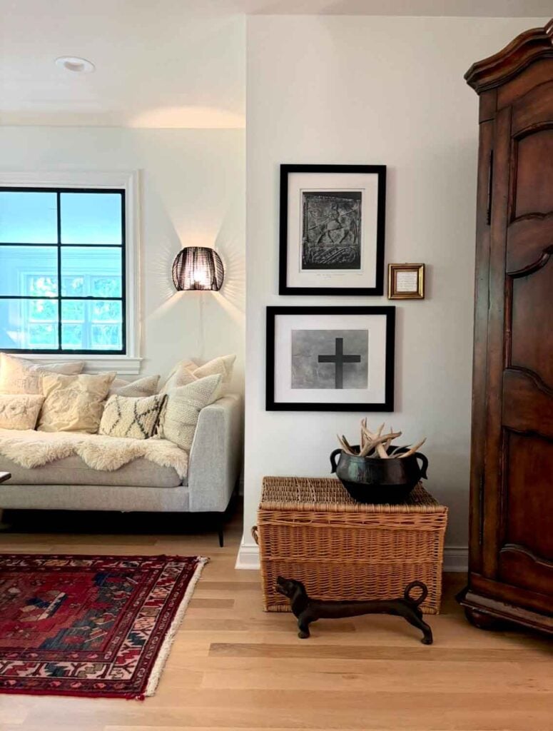 Wicker chest, art, sofa, armoire.