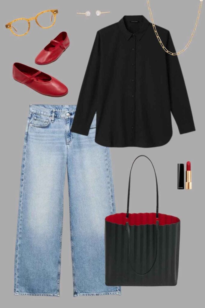 Red ballet flats, black short, denim, tote, glasses, lipstick.