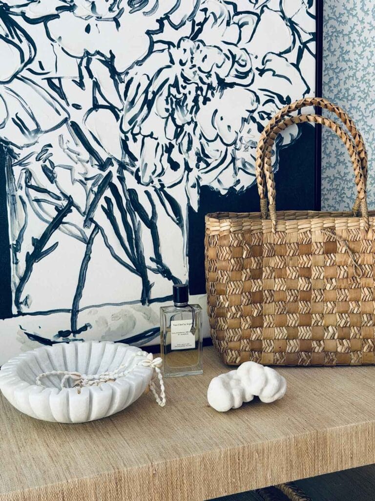Marble bowl, shell, sea grass basket, art.