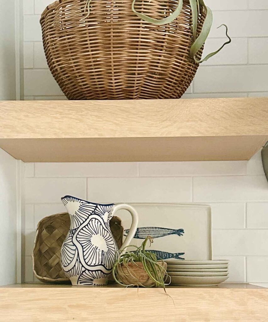 Baket with air plant, ceramic pitcher, stack of plates.