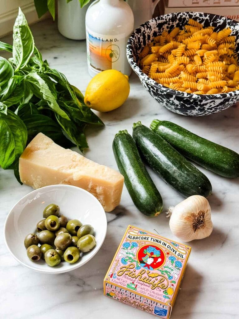 Ingredients to make summer pasta with tinned fish from Fishwife.