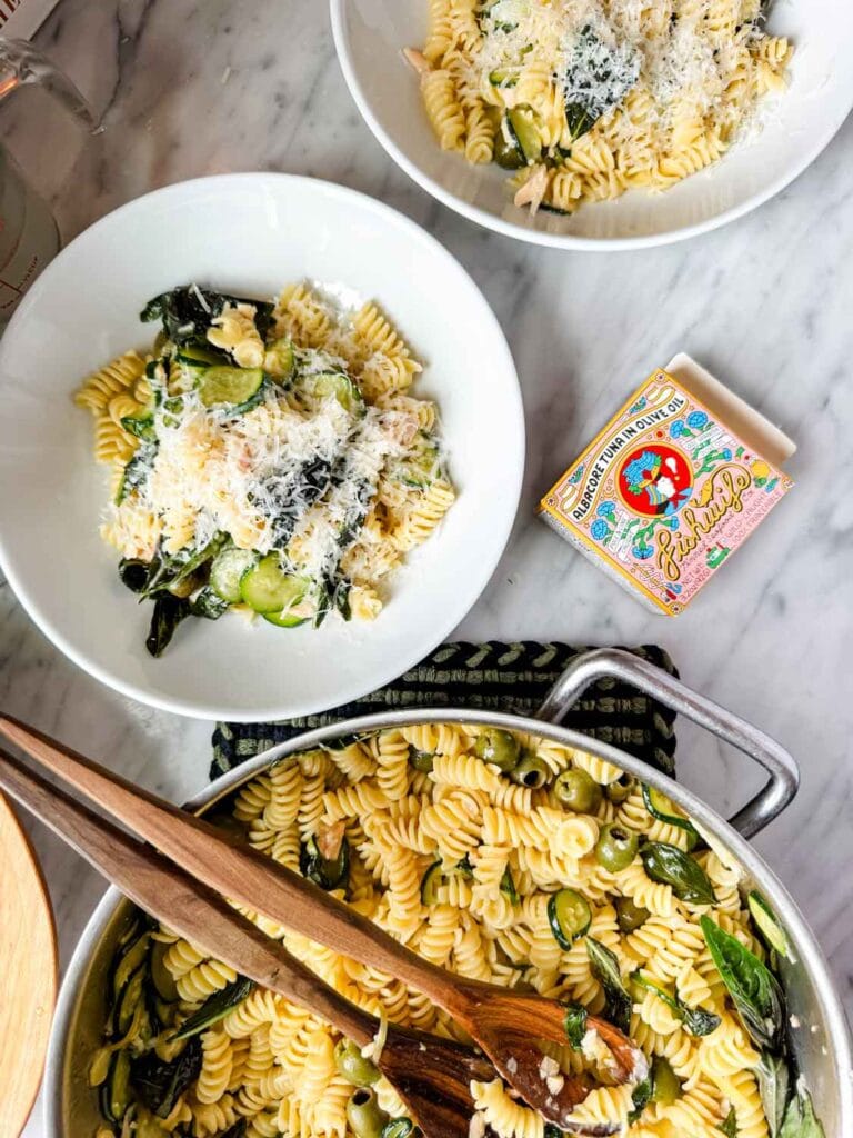 Serving the summer zucchini pasta.